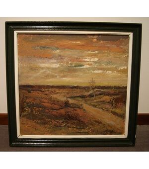 Antico quadro olio su cartoncino raffigurante tramonto 1900