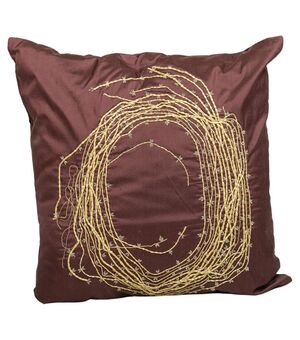 Cuscino in seta marrone ricamato in fili di seta giallo oro  - B/1827 -