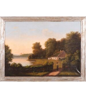 Olio su tela paesaggio campestre inglese del 1800