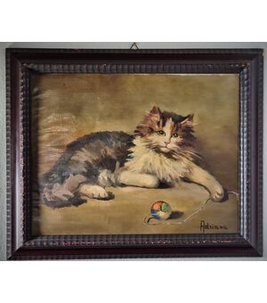 220 Dipinto ad olio su tela  " Gatto".