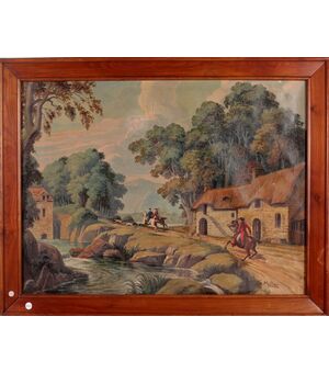 Grande dipinto a succo d'erba francese del 1800 Scena di caccia 