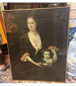 Pittore del XVIII secolo. Ritratto di donna con bambina. Olio su tele, cm 110x90