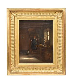ANTIQUE PAINTINGS, INTERIOR WITH WOMAN AND CAT, OIL ON TABLE, DELL 800. (QRIN274)     