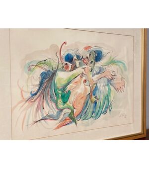 Dipinto acquarello e China G. Lizzini firmato XX sec Arte contemporanea mis 87 x 67 