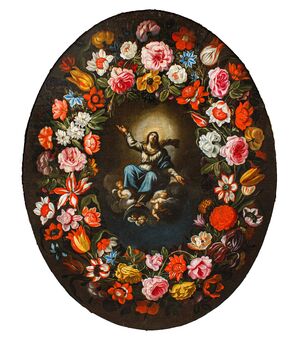 Giovanni Stanchi (1608 - 1675) e Girolamo Pesci (1679 – 1759), Madonna immacolata entro ghirlanda floreale