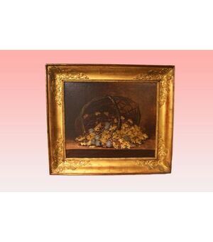 Olio su tela dipinto Natura Morta del 1800 francese Cesto di uva e prugne