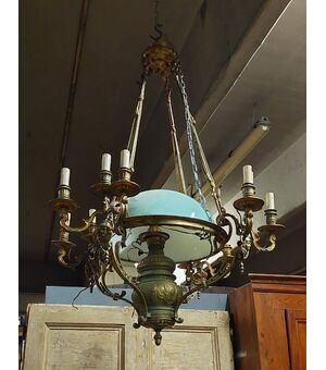 lamp211 - Lampadario in ferro/ottone, inizio '900, cm circonferenza 80 x H 130