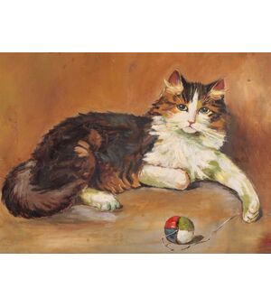 Dipinto Olio su tela con gatto e gomitolo di inizio 1900 firmato 