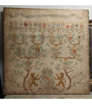 pan369 - Tela dipinta con albero genealogico, epoca '800, cm L 146 x H 146 x P 2