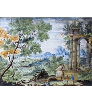 Prima metà del XVIII secolo, Mattonella Castelli, Paesaggio con architetture e figure  Maiolica,