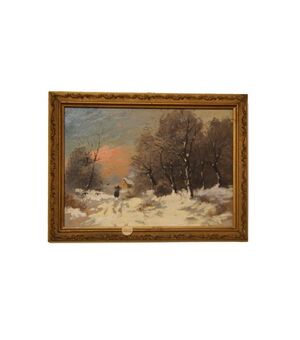 Antico olio su cartoncino "Paesaggio innevato" - Est Europa