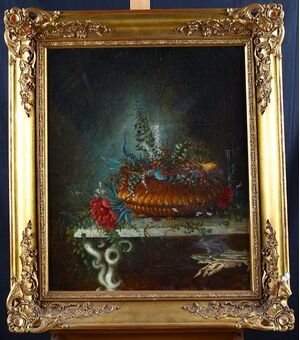 Antico quadro francese del 1800 olio su tela Vaso con fiori 