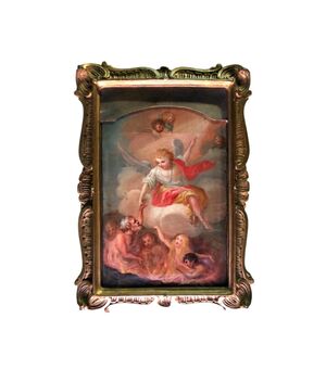 Dipinto olio su tela raffigurante Angelo che indica alle anime del Purgatorio la via per arrivare a Dio.Cornice adattata,non coeva.Italia.