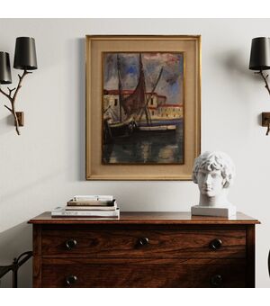 Dipinto italiano firmato veduta di porto con barche del XX secolo