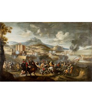 Marzio Masturzo, Battaglia tra cavallerie e vascelli con città fortificata sulla sinistra, olio su tela, XVII secolo 