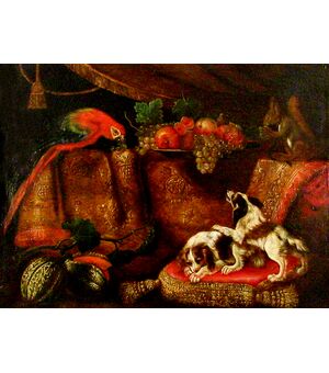 Cerchia de Il Maltese (1610-1660) Natura morta di frutta e animali