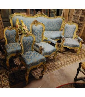 PANC131 - Salotto Liberty, epoca '900. 6 sedie, 2 poltrone, 1 divano e consolle con specchio