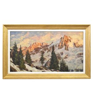 DIPINTI ANTICHI, QUADRI PAESAGGI DI MONTAGNA, CHAMONIX, OLIO SU TELA, EPOCA NOVECENTO. (QP475)