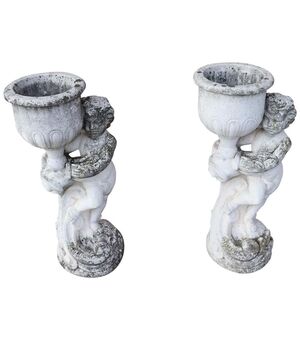 pair of outdoor or grit garden statues with vase holder early 20th century     