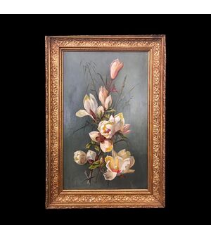 Dipinto olio su tela raffigurante natura morta con fiori.Firmato August Menus Ducret 1906.