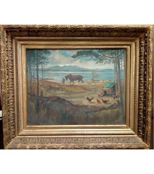 Olio su tela inglese di fine 1800 raffigurante paesaggio campestre