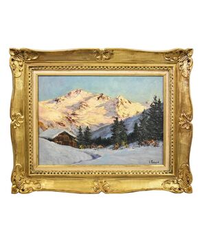 DIPINTI ANTICHI, QUADRI PAESAGGI DI MONTAGNA, ALPI INNEVATE, OLIO SU TELA, PRIMI DEL NOVECENTO. (QP484)
