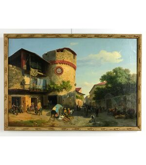 Carlo Piacenza, Mercatino alla Torre di Giaveno, olio su tela