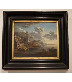 Antico quadro francese del 1800 olio su tavola veduta marina