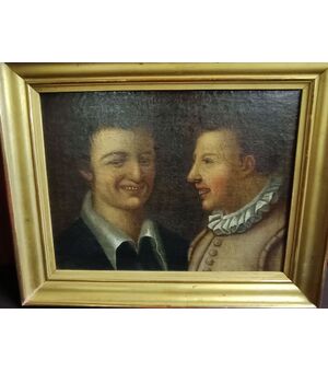 Dipinto olio su tela "I due sorridenti". Maniera Cinquecentesca