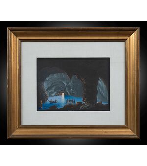 Dipinto antico tempera su cartoncino "Gouaches" raffigurante la grotta Azzurra di Capri. Periodo XX secolo.