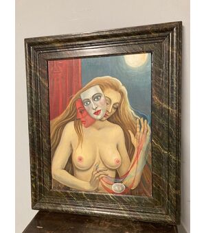 Dipinto olio su tela surrealista XX secolo Conchita Amata . “ Donna e maschere “ mis : 80 x 70 