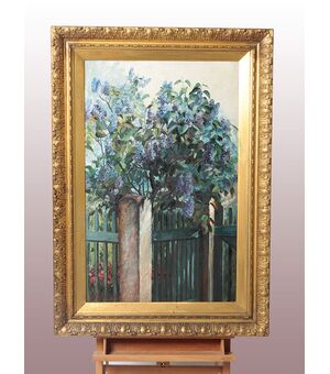 Antico olio su tela di inizio 1900 alberi e giardino