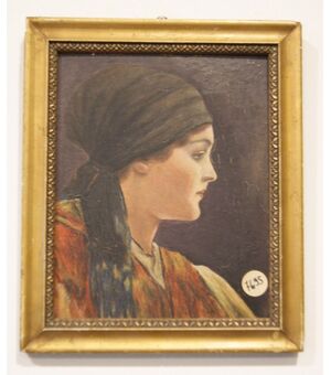 Antico piccolo ritratto del 1800 olio su tavola "Donna di profilo" firmato