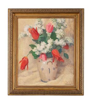 Dipinto francese con vaso di tulipani - O/8173 -
