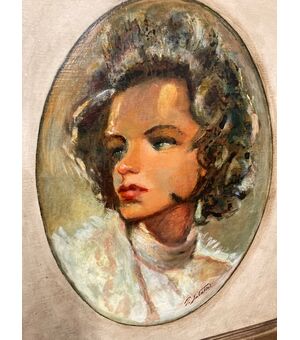 :  Dipinto olio su cartoncino in cornice laccato “ Volto di Donna “ P. Salatini anni 50 mis 63 x 64 