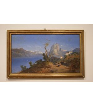 Antico dipinto inglese del 1800 olio su tela raffigurante paesaggio montano con lago