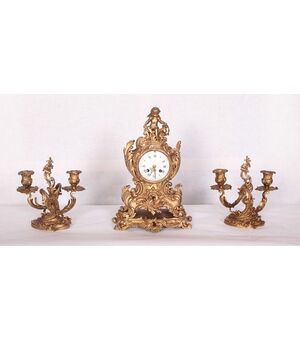 Antico tris orologio e candelieri francese del 1800 stile Luigi XV 