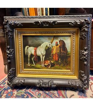 Gustavo Holte Attivo nel XIX-XX Secolo. Figura di moro con cavalli. Firmato in basso a destra G.Holt. Olio su tela, cm 35x25.