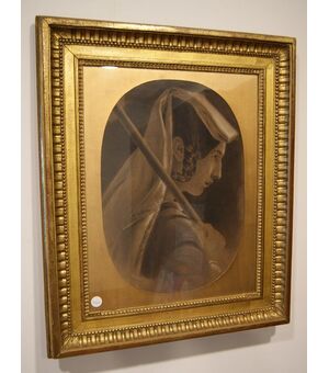 Antico pastello del 1800 raffigurante ritratto di dama con ombrello - Firmato