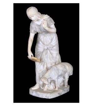Antica scultura francese in marmo e alabastro del 1800 raffigurante un soggetto femminile "Dama"