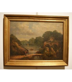 Antico quadro del 1800 olio su tela paesaggio campestre con personaggi e corso d'acqua