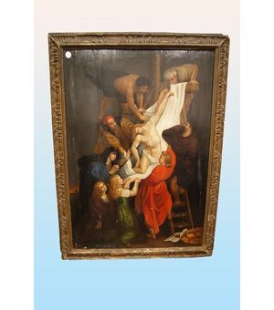 Antico dipinto francese del 1600 religioso "Deposizione di Gesù cristo dalla croce"