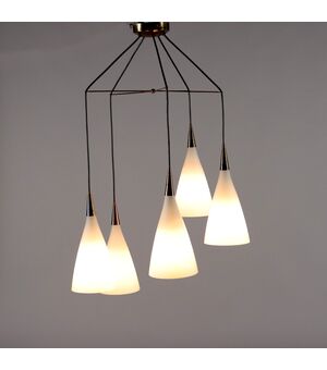 Lampada Vintage a Soffitto Anni 60 Ottone Vetro Opalino