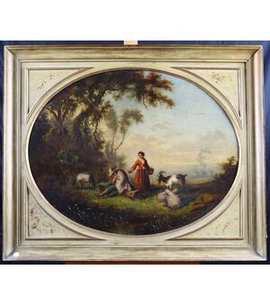 Antico dipinto francese del 1800 olio su tavola ovale con cornice laccata decapata pastore con dama e gregge
