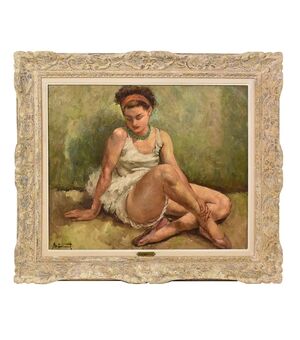 DIPINTI ANTICHI, ART DECO, GIOVANE BALLERINA, PITTURA AD OLIO SU TELA, ANNI TRENTA. (QR496)