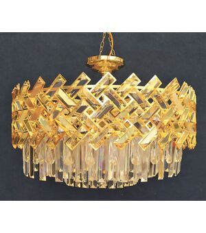Lampadario tondo in metallo dorato e pendenti di cristallo - Ø cm 60 (E)