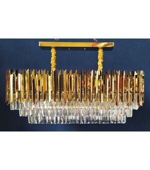 Lampadario rettangolare in metallo dorato e pendenti di cristallo - cm 85 x 37