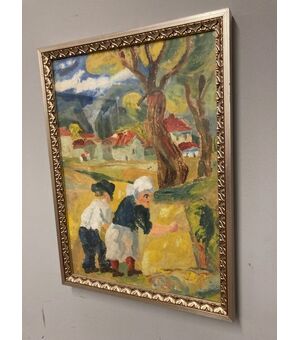 Dipinto contadini Giuseppe Serafini Montelupo Fiorentino olio su Cartone ann0 1973 mis 73 x 54 