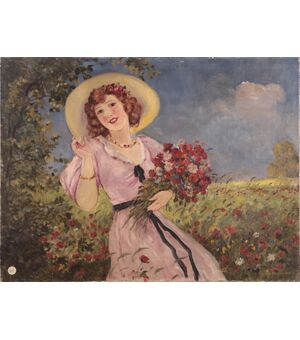 Olio su tela ragazza con fiori di inizio 1900