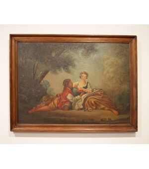 Antico quadro francese del 1800 olio su tela raffigurante scena galante